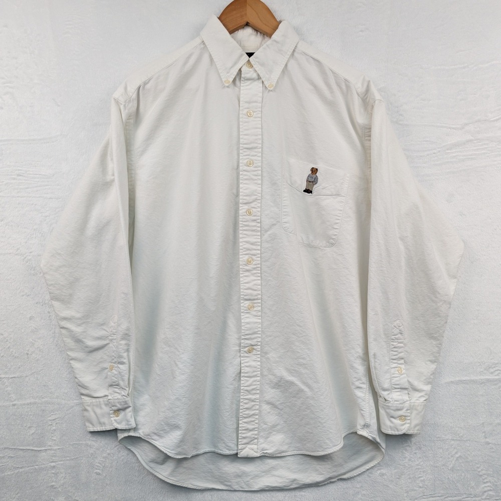 VTG Ralph Lauren Button Down Shirt Men's M White Polo Bear Blake Preppy 90s